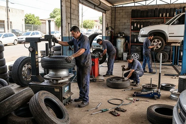 Equipe de borracharia realizando diferentes serviços em pneus.