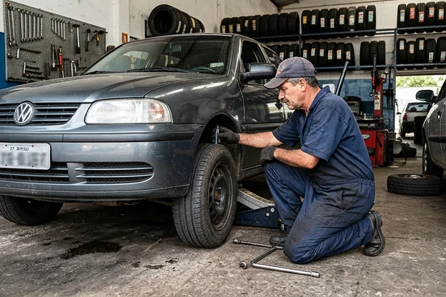 Profissional inspecionando pneus de um carro na oficina.