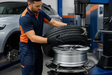 Profissional trocando pneus de um carro.