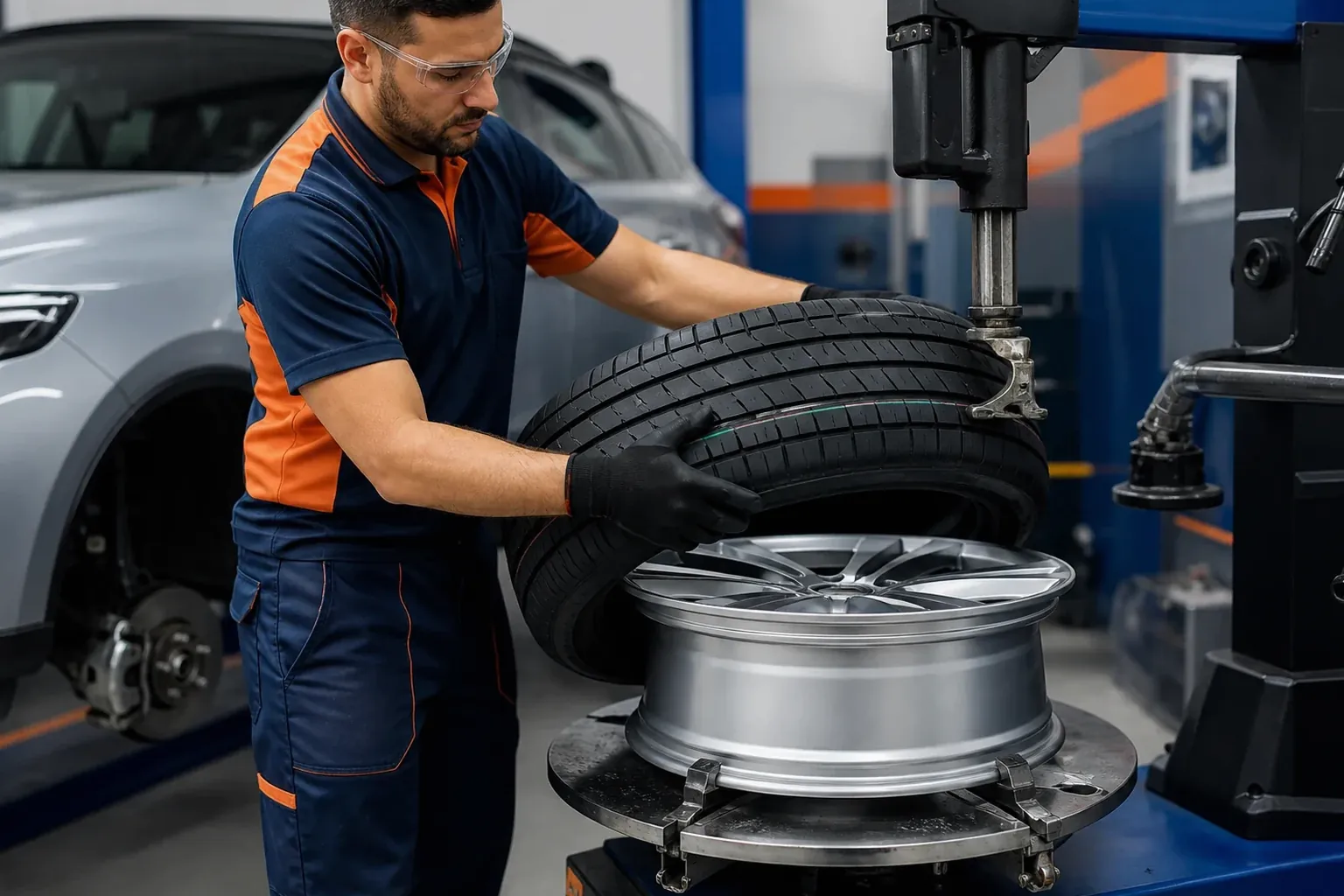 Profissional trocando pneus de um carro.