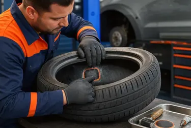 Técnico consertando pneus em uma borracharia.